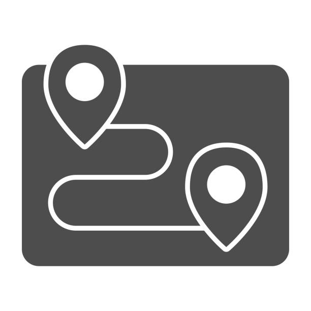 Location markers and route solid icon, Navigation concept, From point to point distance with two pin sign on white background, route icon in glyph style for mobile, web. Vector graphics. Location markers and route solid icon, Navigation concept, From point to point distance with two pin sign on white background, route icon in glyph style for mobile, web. Vector graphics road symbols stock illustrations
