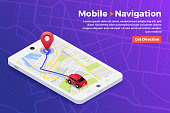 Illustrations design concept location maps with road follow route for destination drive by GPS navigator. Pin point on direction. Vector isometric illustrate.