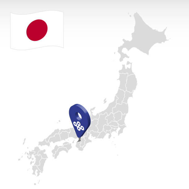 地図日本の県大阪の位置。3d大阪のロケーションマーク。あなたのウェブサイトのデザイン、アプリ、uiのための日本の地域と品質マップ。 日本。eps10. - 近畿地方点のイラスト素材／クリップアート素材／マンガ素材／アイコン素材
