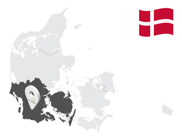 illustrations, cliparts, dessins animés et icônes de localisation région du sud du danemark sur la carte danemark. signe d’emplacement 3d semblable au drapeau du danemark méridional. carte de qualité avec des régions pour votre conception. eps10. - vejle