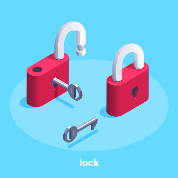 lock isometric vector image on a blue background, a red lock with a key, open and closed retro lock lock stock illustrations