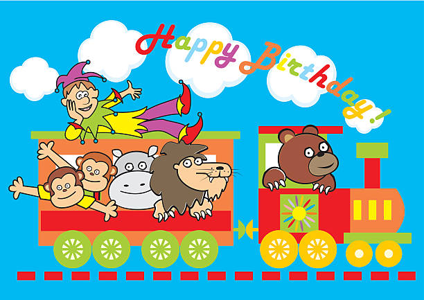 locomotive and animals, birthday - teddy ray stock illustrations
