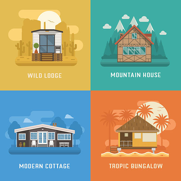 Lodge, Chalet, Cottage and Bungalow House Set Different dwelling set. Modern apartment at rural area, tropic bungalow at beach, mountain chalet house at national park and wild lodge at desert. Vector home poster collection. House booking and rent airbnb stock illustrations