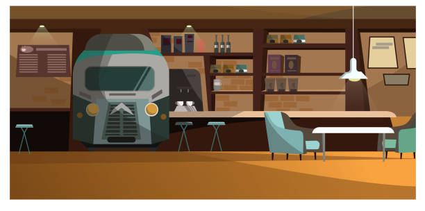 Loft cafe with unique design vector illustration Loft cafe with unique design vector illustration. Train front view in wall with bar shelves. Comfortable chairs at coffee table. Pub interior illustration bar drink establishment stock illustrations