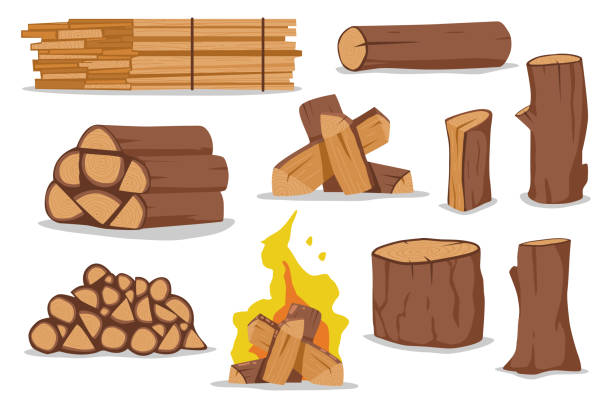 Log and firewood vector cartoon set isolated on white background. Firewood and campfire vector cartoon set. firewood stock illustrations
