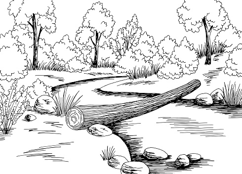 Log bridge over the river graphic black white forest landscape sketch illustration vector