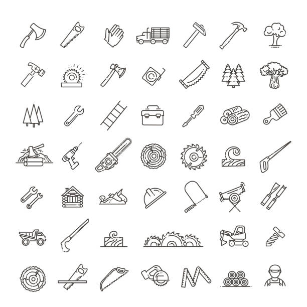 Logging, sawmill line icons. Instruments for working with wood The forest industry in the modern linear style icons gardening tools stock illustrations