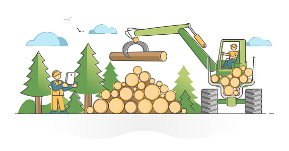Logging wood pile as professional industrial forest tree cut outline concept