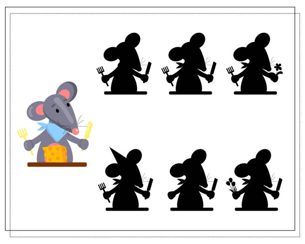 A logical game for children, Find a shadow. cute cartoon rat eating cheese, vector isolated on white background A logical game for children, Find a shadow. cute cartoon rat eating cheese, vector isolated on white background. maze silhouettes stock illustrations