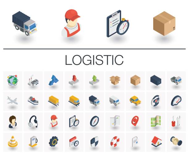 Logistic and distribution isometric icons. 3d vector Isometric flat icon set. 3d vector colorful illustration with Logistic, delivery business, distribution symbols. Service, export, shipping, transport colorful pictogram Isolated on white 3d icons stock illustrations