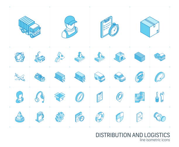 Logistic and distribution isometric line icons. 3d vector Isometric line icon set. 3d vector colorful illustration with Logistic, delivery business, distribution symbols. Service, export, shipping, transport colorful pictogram Isolated on white 3d icons stock illustrations