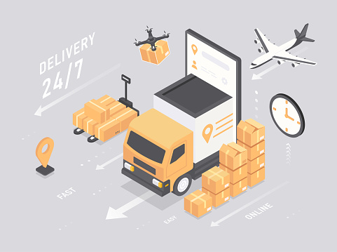 Logistics and Delivery concept. Truck and plane with boxes. Home delivery and online shopping. International trade and globalization and transportation. Cartoon isometric vector illustration