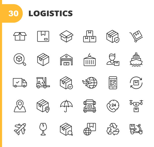 Logistics and Delivery Line Icons. Editable Stroke. Pixel Perfect. For Mobile and Web. Contains such icons as Shipping, Delivery, Box, Insurance, Ship, Airplane, Truck, Bar Code, Recycling, Support, Drone, Food Delivery, Warehouse, Distribution. 30 Logistics and Delivery Outline Icons. Package, Delivery, Shipment, Box, Insurance, Warehouse, Distribution, Search, Garage, Postman, Supplier,  Container, Freight, Courier, Last Mile Delivery, Bar Code, Recycling, Location, Truck, Drone, Plane, Glass, Food Delivery, Factory, Global Transport. drone symbols stock illustrations