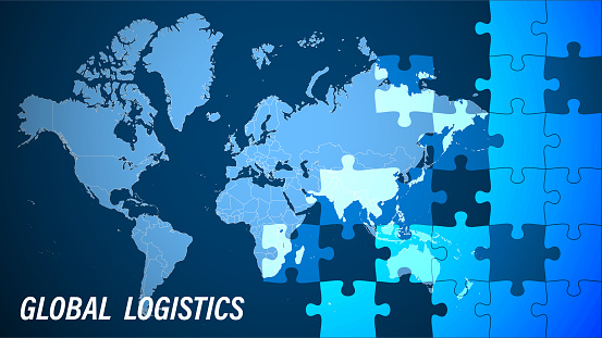 Logistics. Concept banner for global logistics with puzzle pieces on background of world map. Organization of cargo transportation around world. Vector