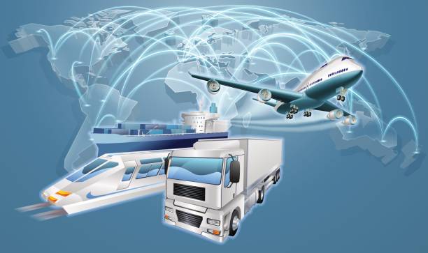 ilustrações de stock, clip art, desenhos animados e ícones de logistics concept world trade map - aerial container ship