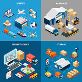 Logistics 2x2 isometric design concept with warehouses cargo vehicles and delivery service 3d isolated vector illustration
