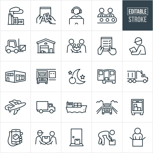 A set of logistics icons that include editable strokes or outlines using the EPS vector file. The icons include a factory, supply chain, online purchase from tablet pc, customer support representative, assembly line, forklift, warehouse, two decision makers making a deal with a handshake, quality control, fulfillment, inspector, semi-truck, shipping, delivery, delivery van, delivery truck, airplane, freight, package, package tracking, delivery man, customer, door step delivery, unboxing and other related icons.