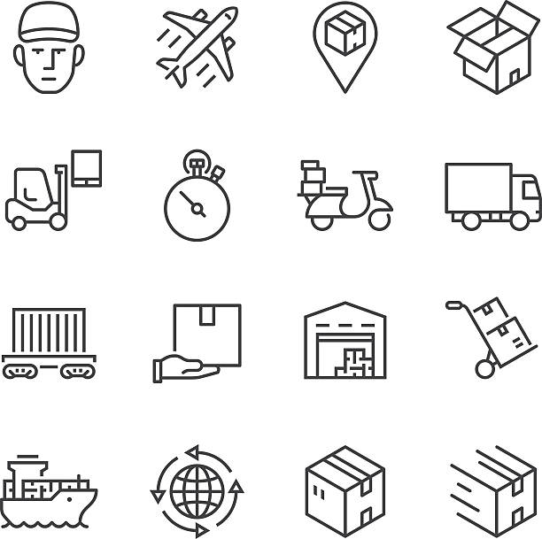 Logistics Thin Line icons Vector thin line icons set. One icon consists of a single object. Files included: Vector EPS 10, HD JPEG 3000 x 3000 px, AI CC (17) airplane symbols stock illustrations