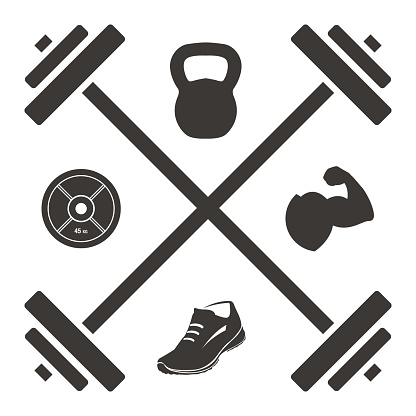 Logo Barbell Cross with Kettlebell Plate Shoe and Muscled Arm Icons