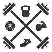Vector of Logo Barbell Cross with Kettlebell Plate Shoe and Muscled Arm Icons