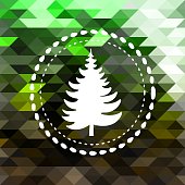 Circular logo design with pine tree on the colorful triangles background. Green and brown tones.