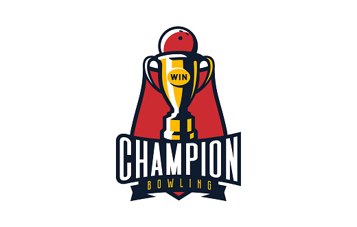 Logo, emblem of the bowling game champion. Colorful emblem of the cup with a ball on the background of the shield. Bowling champion logo template, game winner, league cup winner. Vector illustration.