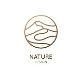 Mountains minimalistic logo. Round linear icon of landscape. Vector abstract emblem, simple badge for a travel, alternative medicine and ecology concept, spa, health, yoga Center.