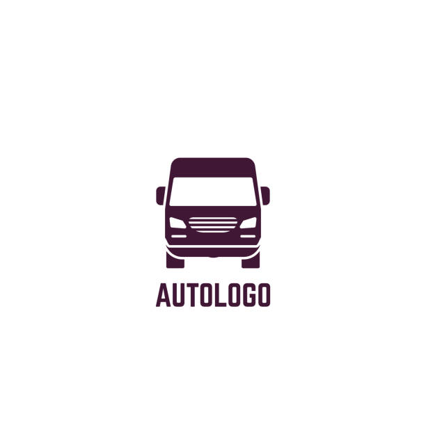 Logo of delivery van Truck logo. Front view of delivery truck. Silhouette style vector illustration. Vehicle and transport banner. Delivery and shipping service banner. Minivan transportation concept. Freight business. mini van stock illustrations