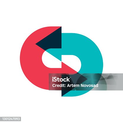 istock Logo of two arrows moving in a circle one after the other with overlapping. Color image of multi-colored arrows, designation of a circular movement. Isolated vector on white background. 1301247093