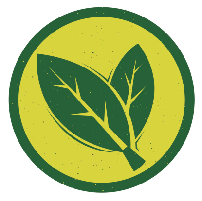 A logo of two green leaves in a yellow background