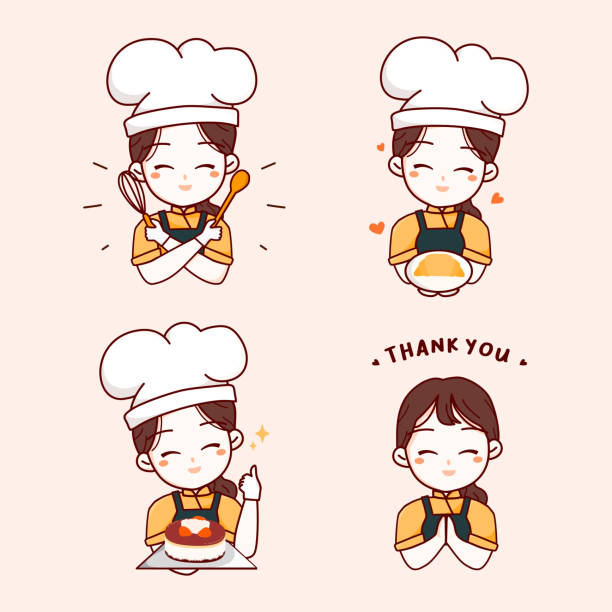 Logo template elements with cute woman chef holding plate croissant, Birthday cake, kitchen tools and saying thank you for your order. Hand drawn vector illustration Logo template elements with cute woman chef holding plate croissant, Birthday cake, kitchen tools and saying thank you for your order. Hand drawn vector illustration thank you kids stock illustrations