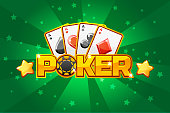 logo text POKER and Playing cards, For Ui Game element. Green background glow
