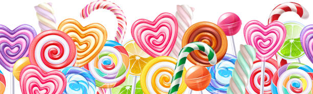 Lollipops candy border background. Hard candies on stick Lollipops candy border. Hard candies on stick. Seamless horizontal background. candy borders stock illustrations