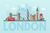 London cityscape blue flat vector illustration. Great Britain tourist attractions cliparts. World famous UK architectural landmarks. Big ben, London Eye, double decker bus. England sightseeing tour