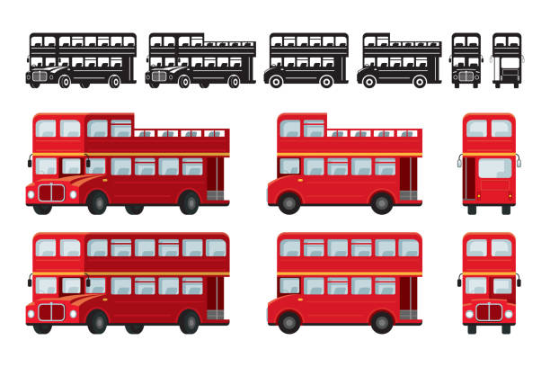 London Double Decker Bus, Tourist Attraction Front and Side View, Silhouette Symbol double decker bus stock illustrations