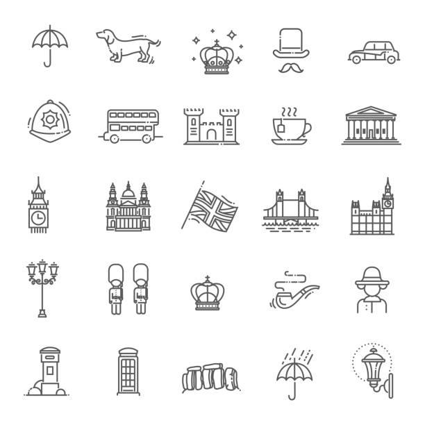 london-symbole festgelegt. england, dünne liniendesign - london stock-grafiken, -clipart, -cartoons und -symbole