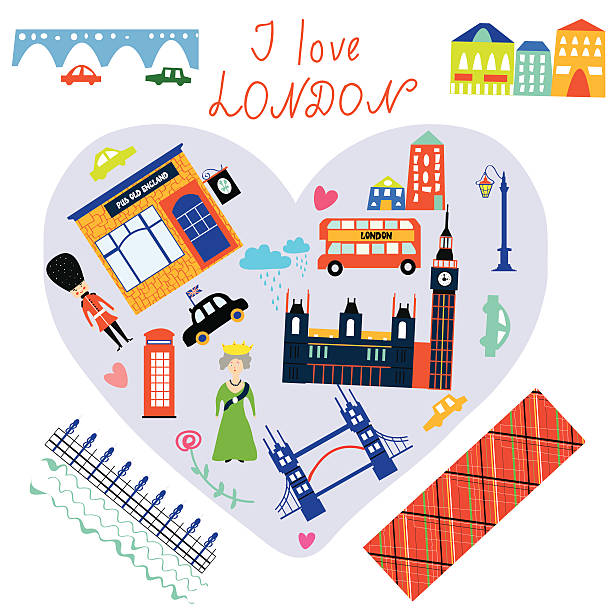 London love card with funny landmarks vector art illustration