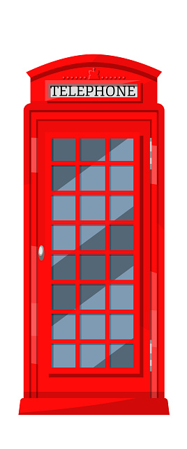 London red telephone booth with payphones. Cabin booth, communication device.