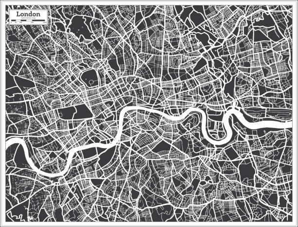 london uk stadtkarte in schwarz und weiß farbe im retro-stil. gliederungskarte. - london stock-grafiken, -clipart, -cartoons und -symbole