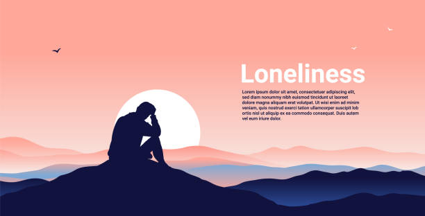 Loneliness - lonely male person in landscape Person sitting alone on hill looking at the horizon feeling sad, resting head in hand. Vector illustration. one man only stock illustrations