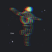 Glitch effect. Silhouette of cosmonaut in spacesuit