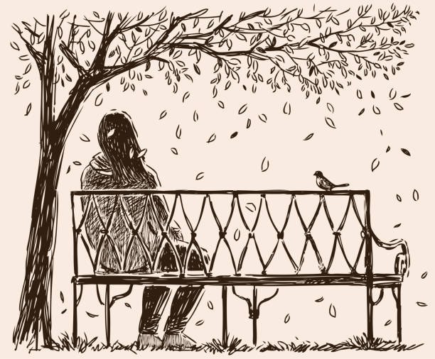 stockillustraties, clipart, cartoons en iconen met een eenzaam meisje zit o een bank in een park van de herfst - eenzaamheid