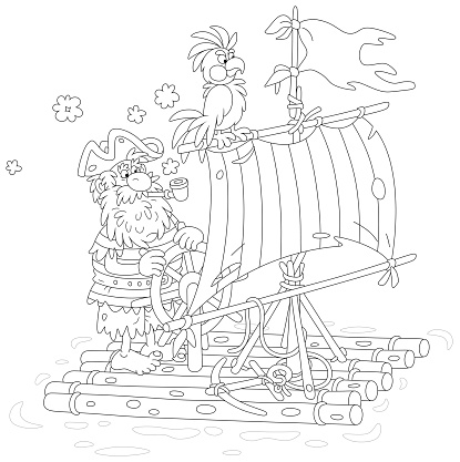 Bearded hermit on a swimming float with a steering wheel, a shabby sail and a tattered flag after shipwreck, black and white outline vector cartoon illustration for a coloring book page