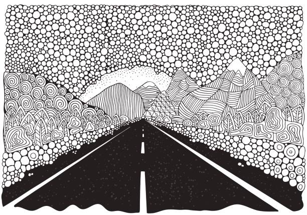 Long car highway stretching into the distance and mountains. landscape. Anti stress Coloring Book page for adult. Black and White vector Long car highway stretching into the distance and mountains. landscape. Anti stress Coloring Book page for adult. Black and White vector adult coloring stock illustrations