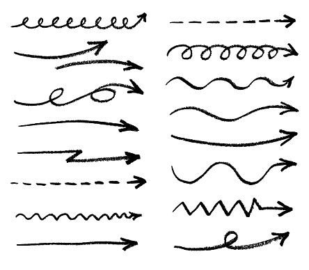 Vector illustration of long black crayon doodle arrows.
