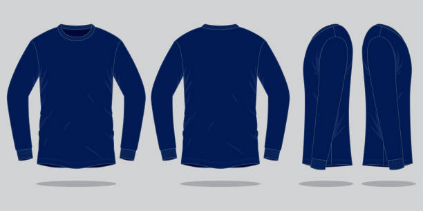 Long Sleeve Navy Blue T-Shirt Vector for Template Front, Back and Side  View shirt stock illustrations