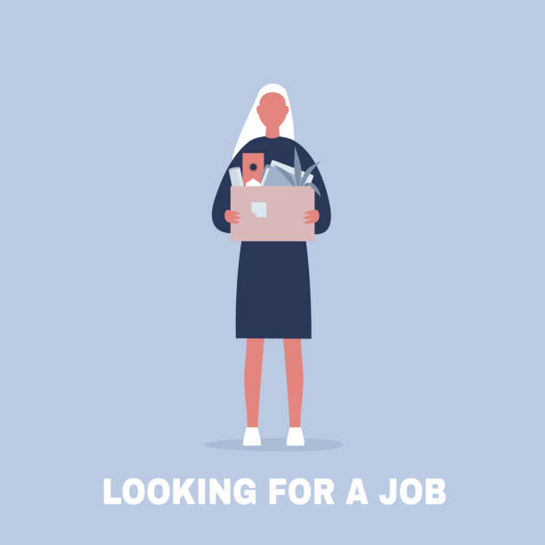 Looking for a job. Young female character holding a box full of office stationery goods / flat editable vector illustration, clip art Looking for a job. Young female character holding a box full of office stationery goods / flat editable vector illustration, clip art recruitment clipart stock illustrations