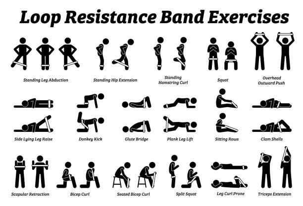 Loop resistance mini band exercises and stretch workout techniques in step by step. vector art illustration
