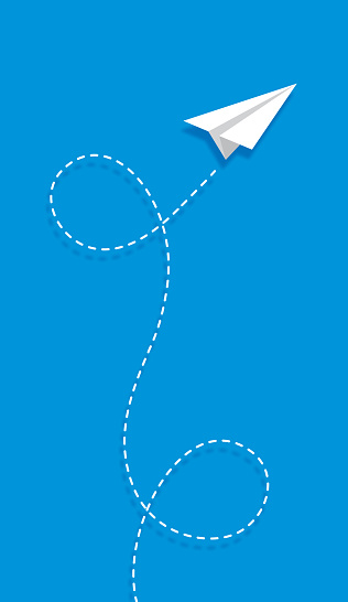 Vector illustration of a looping white paper airplane with a dashed line behind it on a blue background.