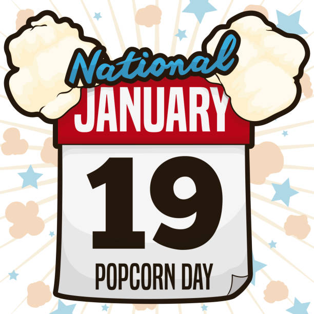 Loose-leaf Calendar, Popped Kernels and Stars to Celebrate this Day Loose-leaf calendar decorated with delicious corn popped over starry background and reminder date to celebrate the National Popcorn Day in January 19. national popcorn day stock illustrations